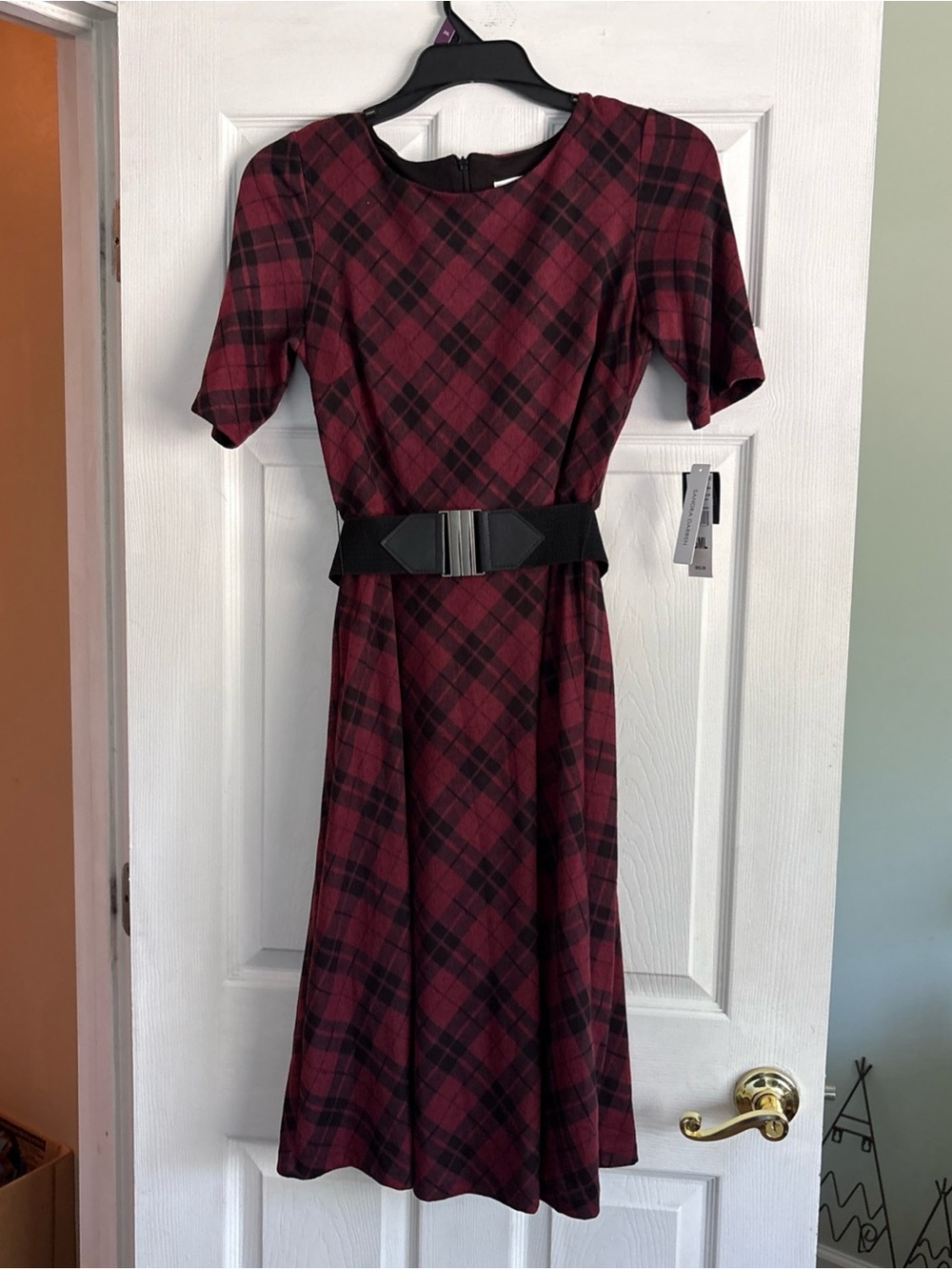 Sandra Darren Burgundy and Black Plaid Midi Dress with Black Belt